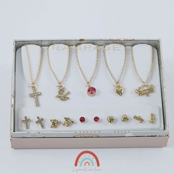 New! Rampage Necklace Earring Faith Cross Hope Heart Gold Tone Matching Gift Set - Picture 2 of 6